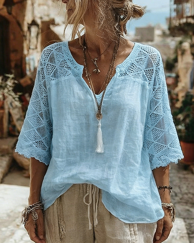 Anna - Blusa con cuello en V y detalles de encaje