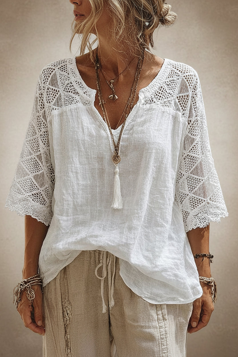 Anna - Blusa con cuello en V y detalles de encaje