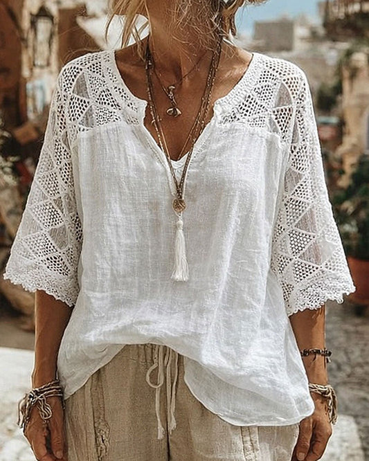 Anna - Blusa con cuello en V y detalles de encaje