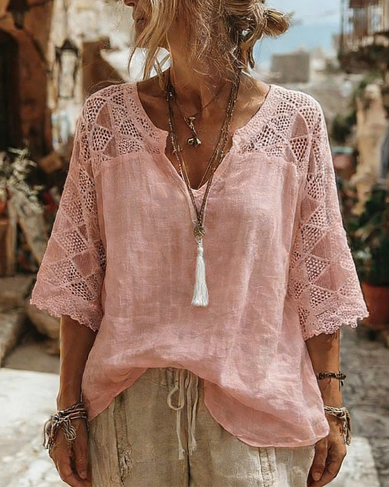 Anna - Blusa con cuello en V y detalles de encaje
