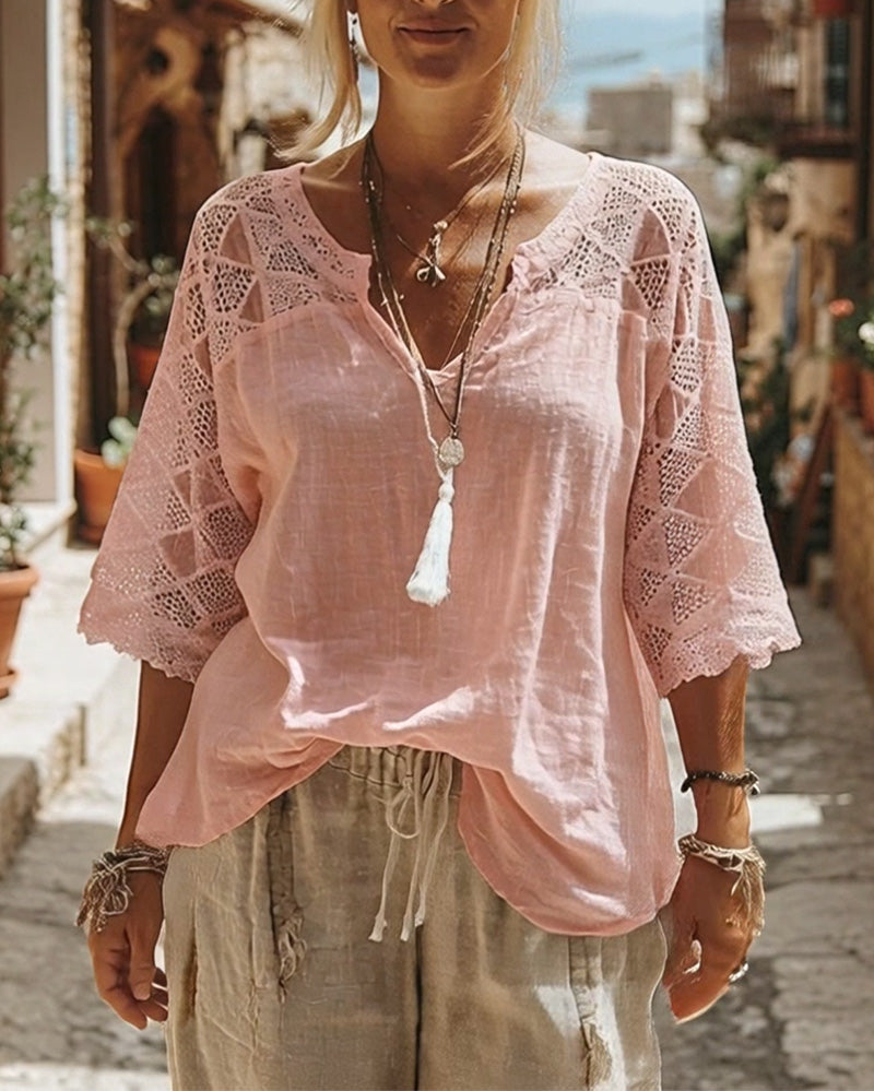 Anna - Blusa con cuello en V y detalles de encaje