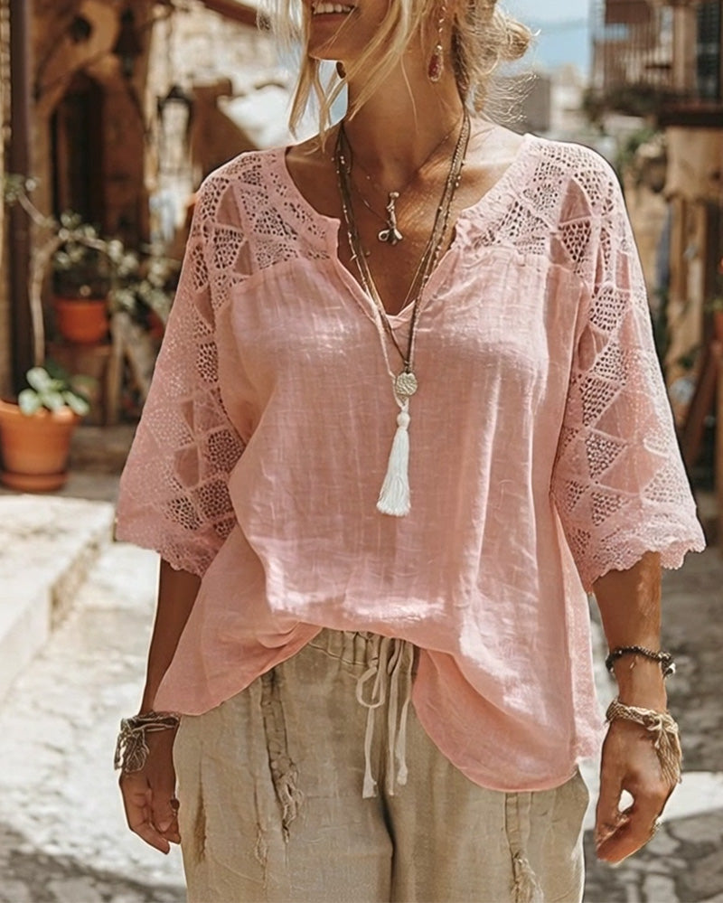 Anna - Blusa con cuello en V y detalles de encaje